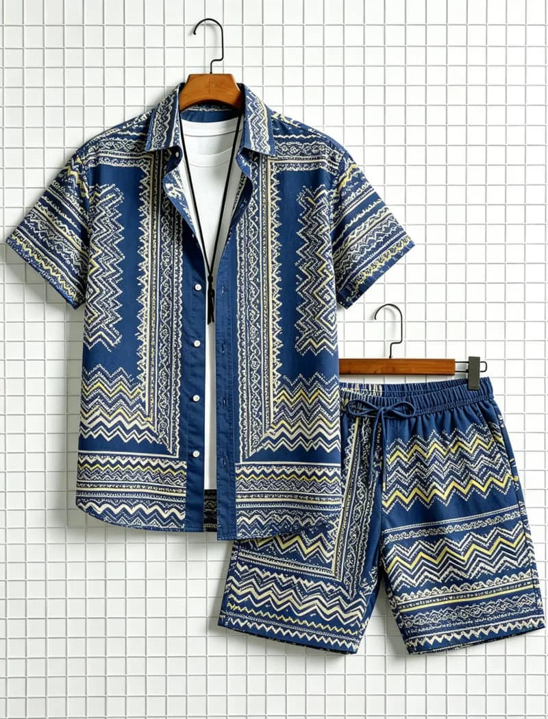 Men's Aztec Tribal Print Two-Piece Set – Shirt & Shorts for Beach & Travel