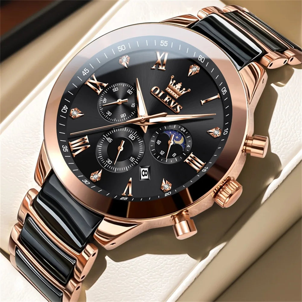 OLEVS Men's Quartz Watch – Waterproof Luminous Moon Phase Wristwatch