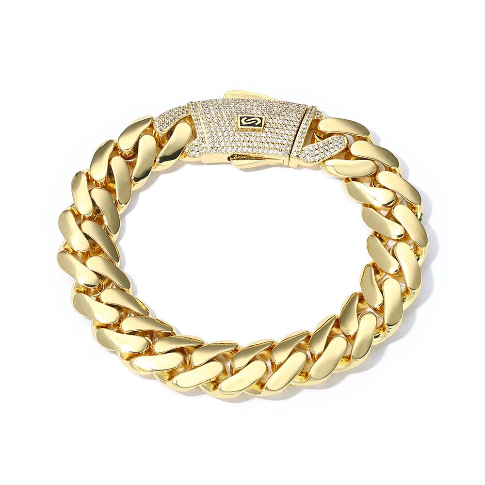 Iced Diamond Clasp Cuban Link Chain – 14K Gold Plated 12mm | Men's Hip Hop Jewelry