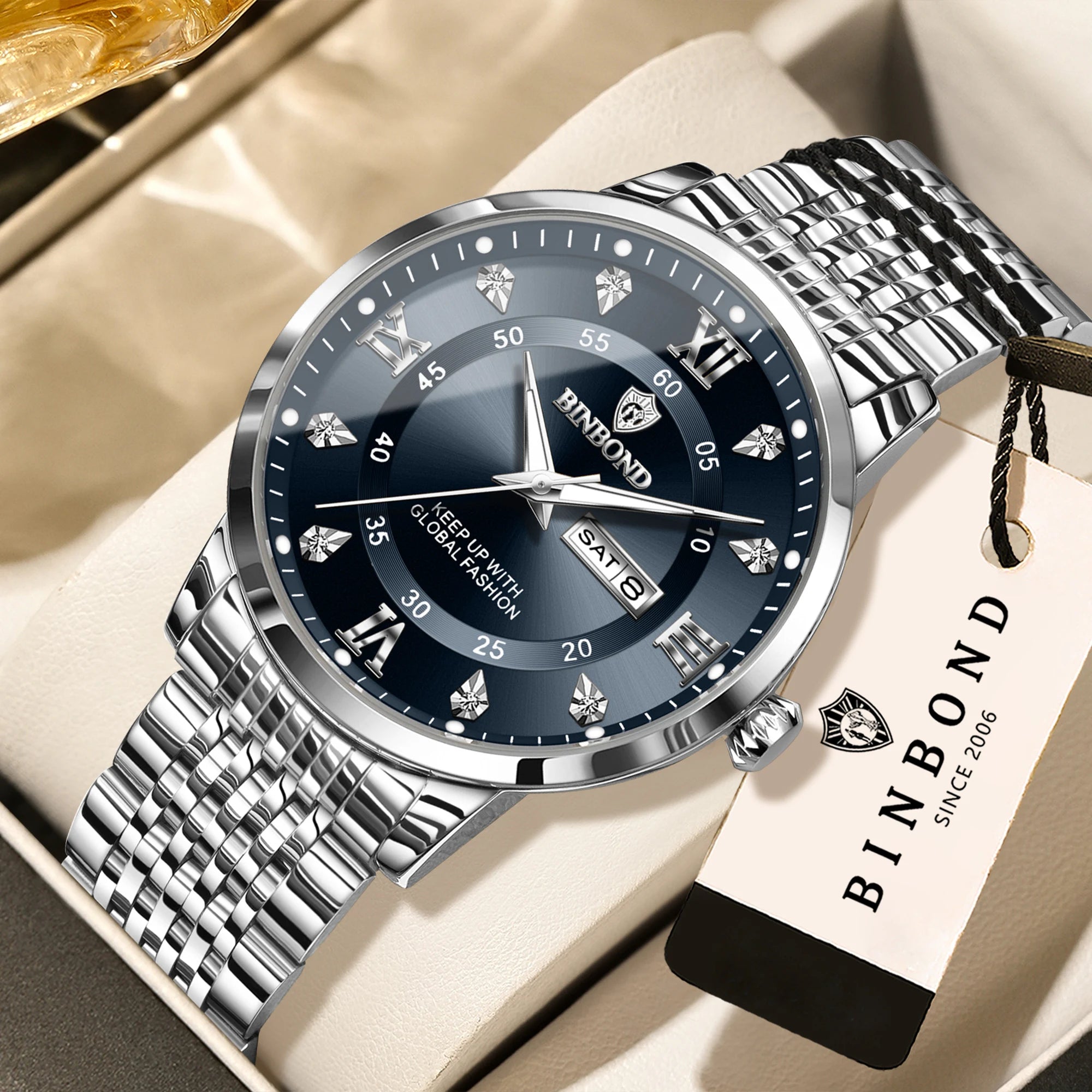 BINBOND Luxury Quartz Watch – Luminous Waterproof Week Display | Men's Sport & Business