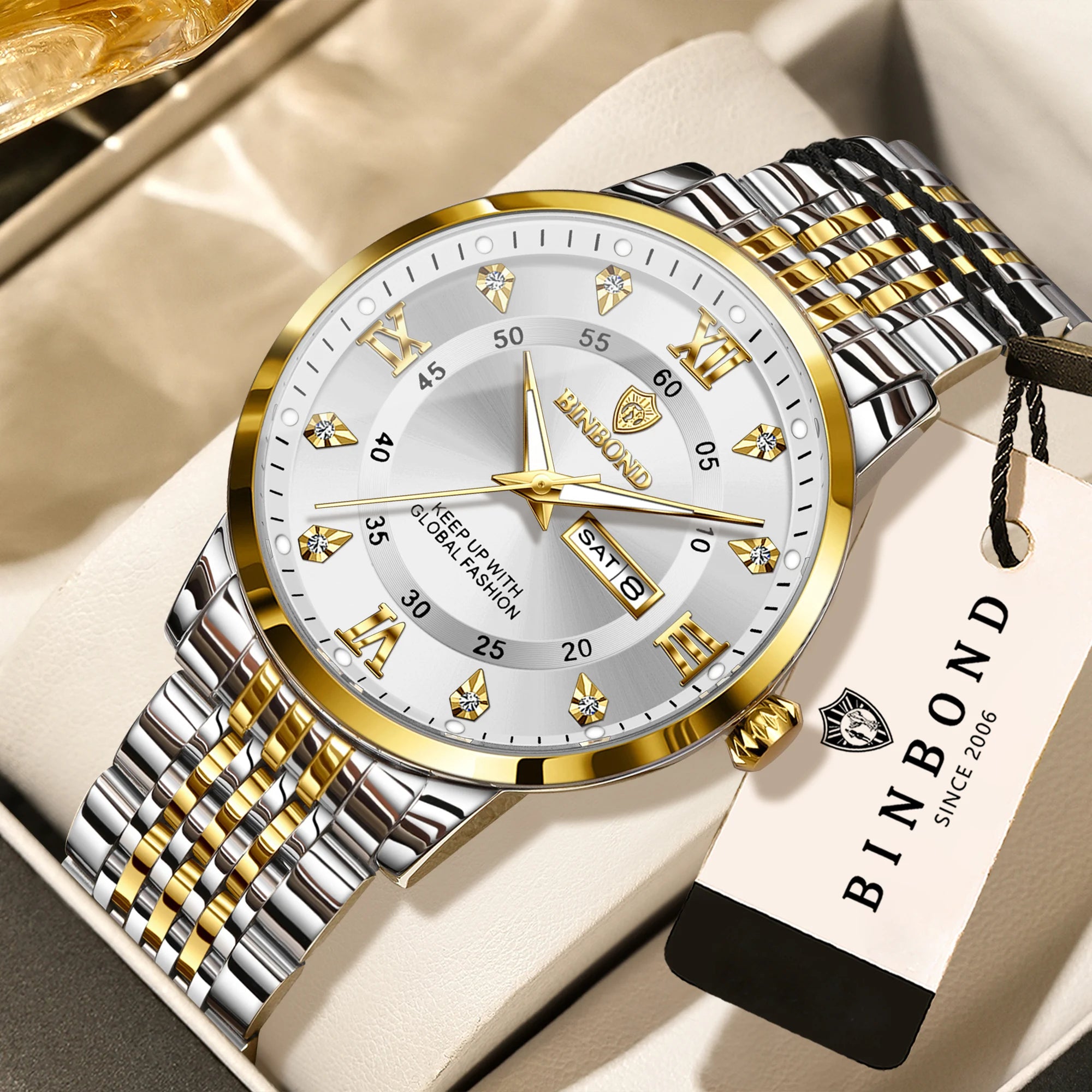 BINBOND Luxury Quartz Watch – Luminous Waterproof Week Display | Men's Sport & Business