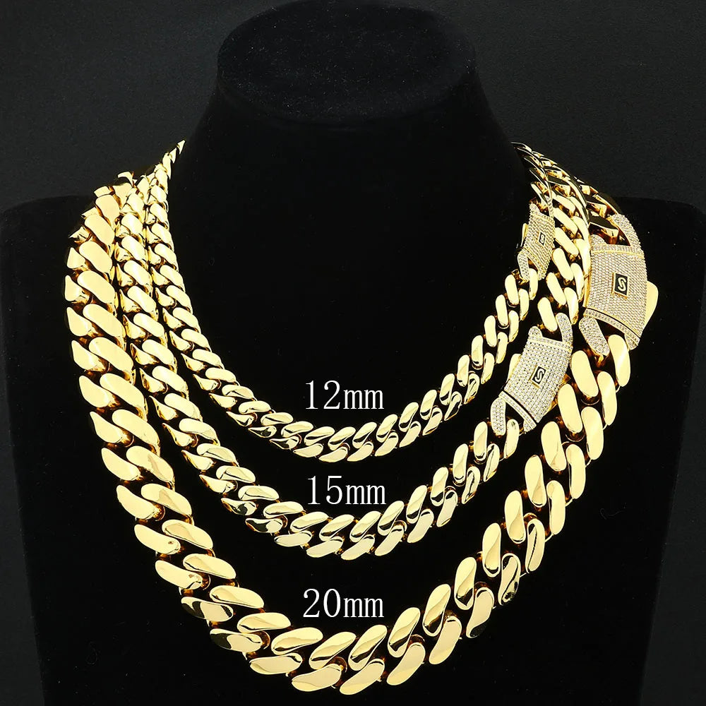 Iced Diamond Clasp Cuban Link Chain – 14K Gold Plated 12mm | Men's Hip Hop Jewelry