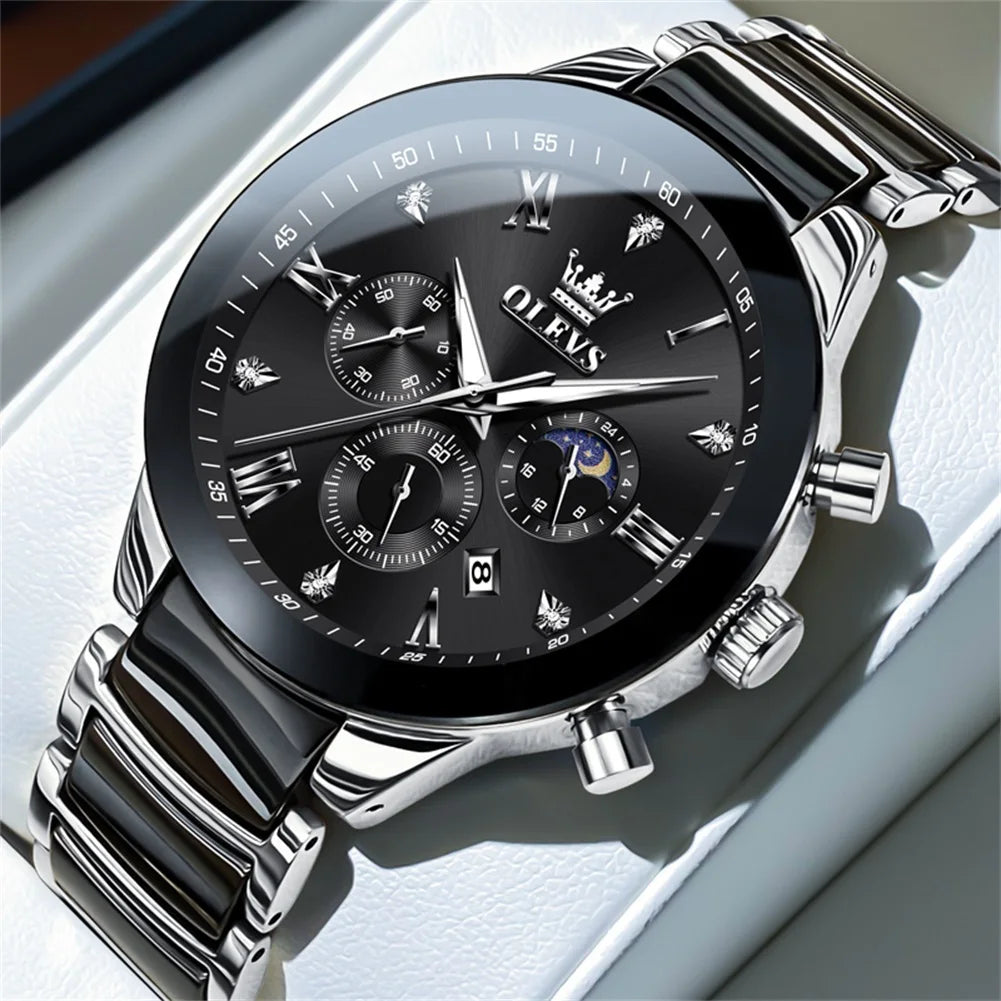 OLEVS Men's Quartz Watch – Waterproof Luminous Moon Phase Wristwatch
