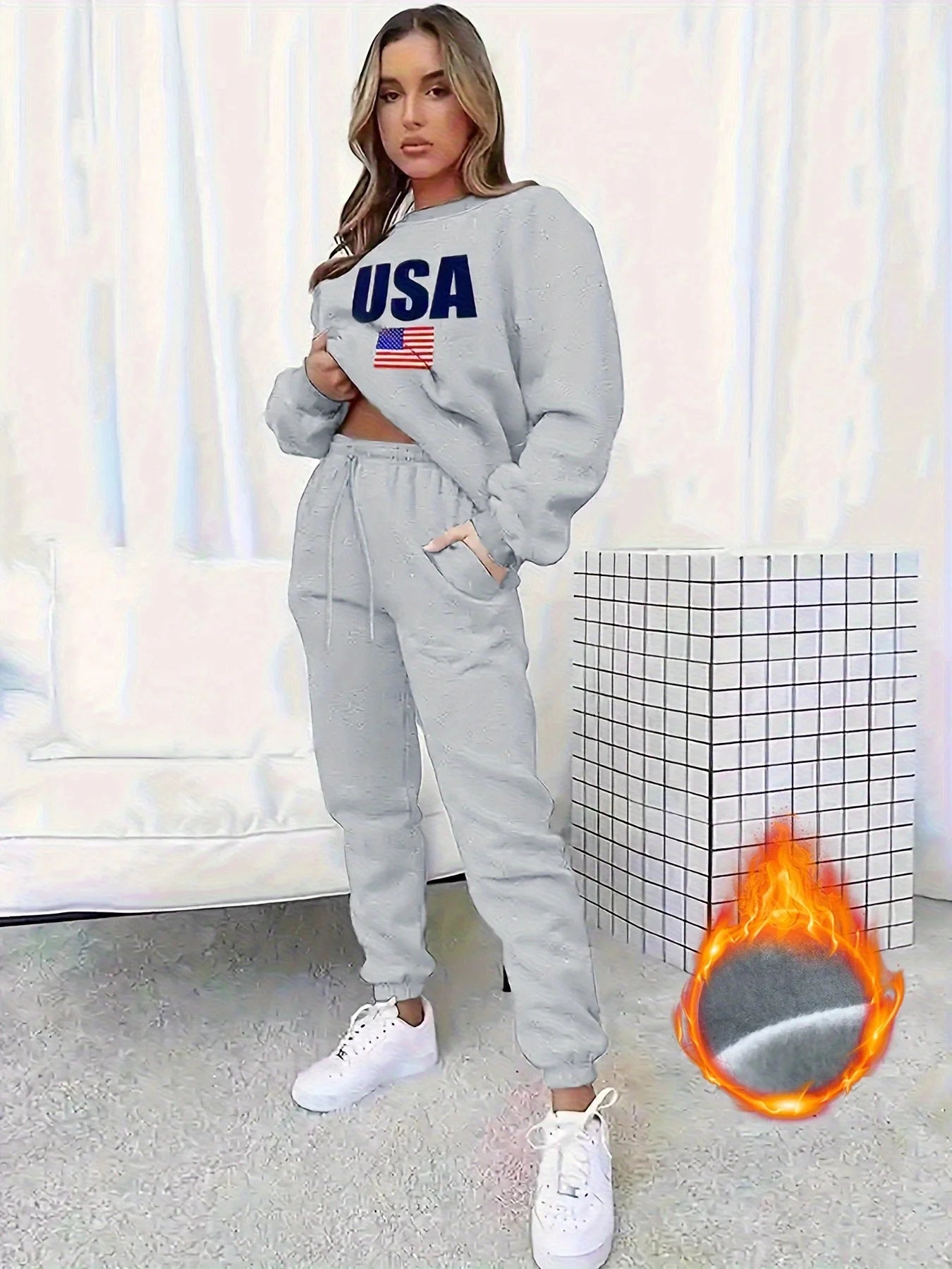 Ensemble Polaire Grande Taille Femme — Sweat & Jogger Imprimé | Plus Size Women Fleece Tracksuit 2-Piece Set