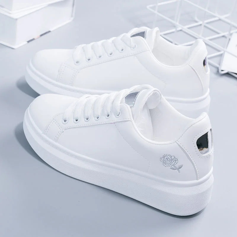 Embroidered Floral Leather Sneakers — Women
