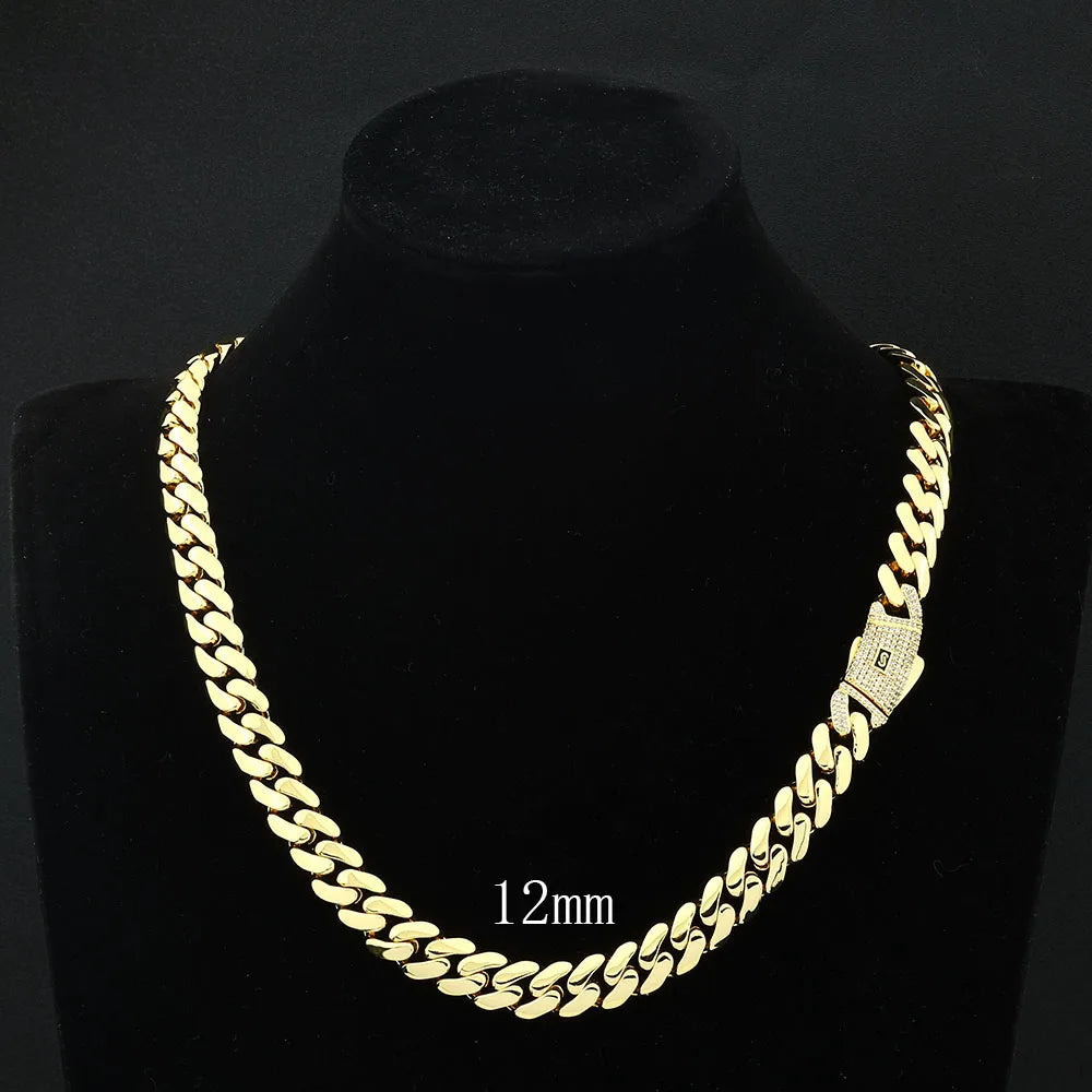 Iced Diamond Clasp Cuban Link Chain – 14K Gold Plated 12mm | Men's Hip Hop Jewelry