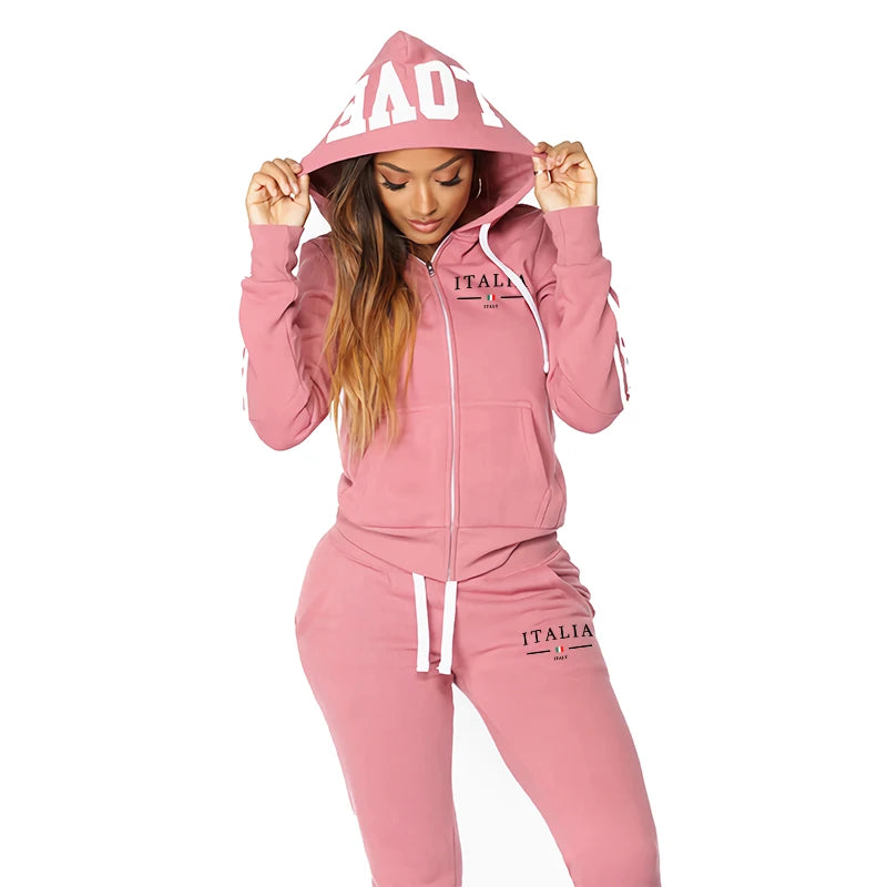 Survêtement Femme Zip-up Style Italien — Hoodie & Jogger Slim | Women Zip-Up Hoodie Tracksuit Set