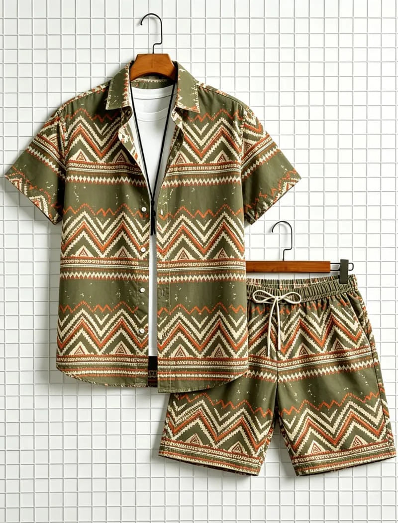 Men's Aztec Tribal Print Two-Piece Set – Shirt & Shorts for Beach & Travel