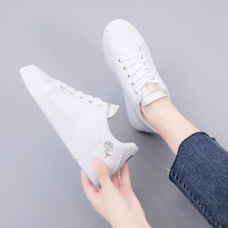 Embroidered Floral Leather Sneakers — Women