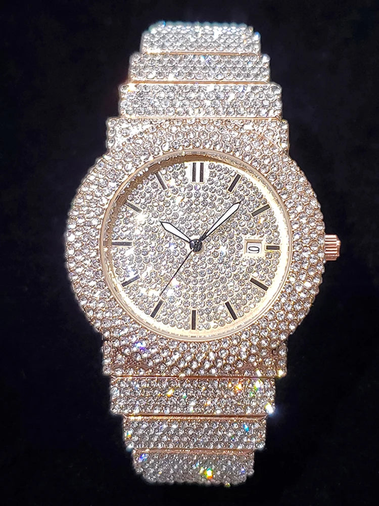 Montre Luxe Full Diamond Iced Out — Homme Quartz 18K Or PVD