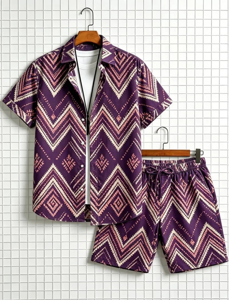 Men's Aztec Tribal Print Two-Piece Set – Shirt & Shorts for Beach & Travel