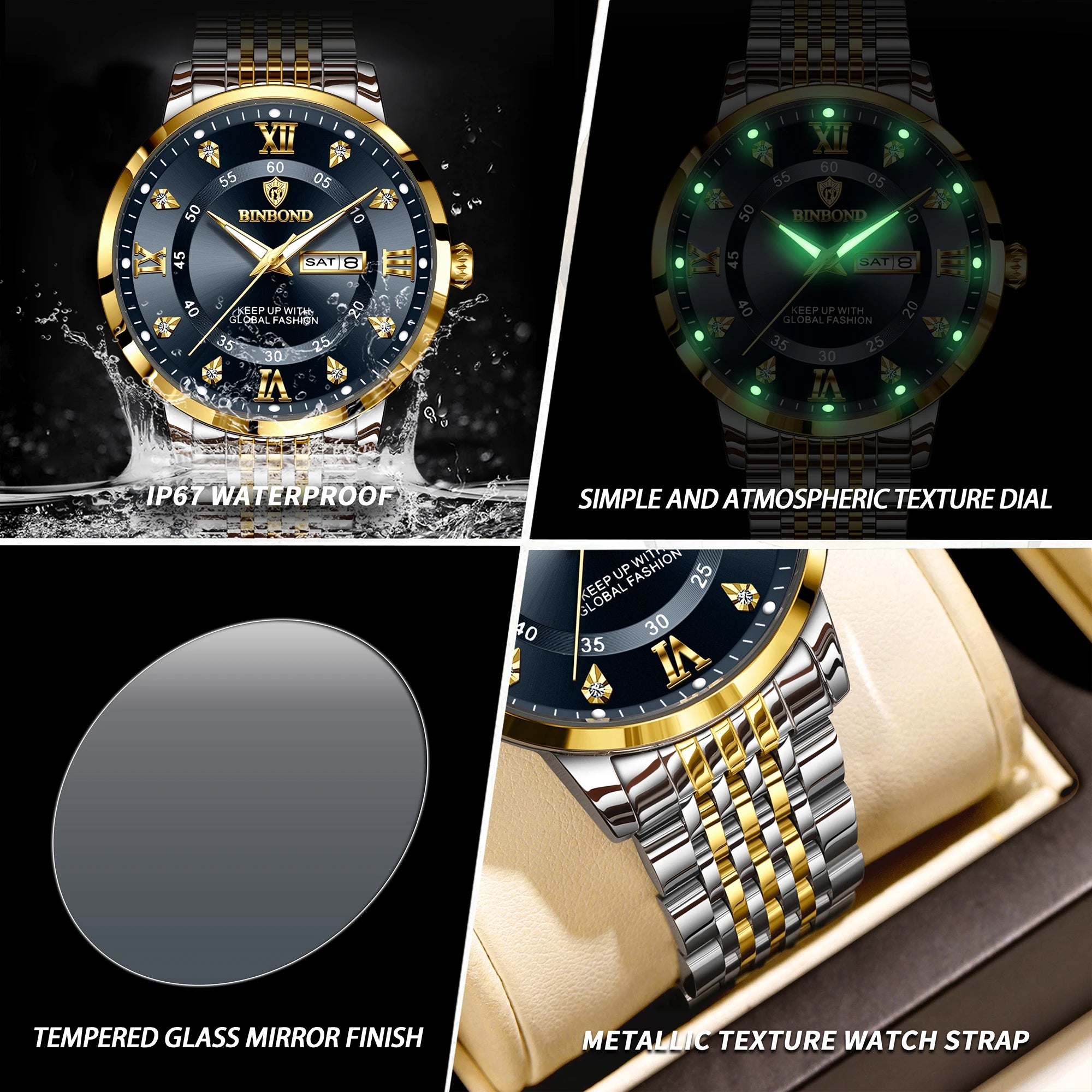 BINBOND Luxury Quartz Watch – Luminous Waterproof Week Display | Men's Sport & Business