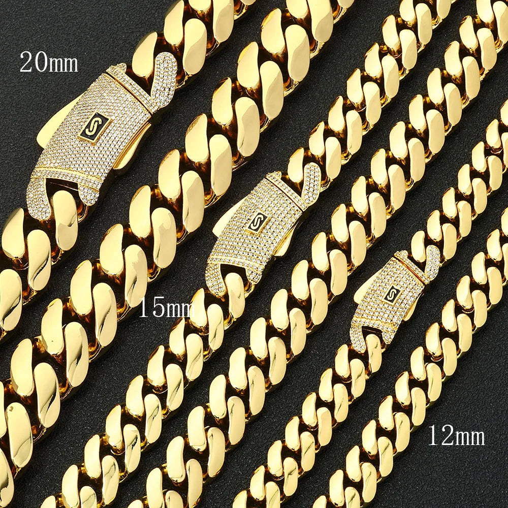 Iced Diamond Clasp Cuban Link Chain – 14K Gold Plated 12mm | Men's Hip Hop Jewelry