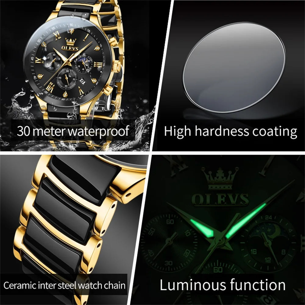 OLEVS Men's Quartz Watch – Waterproof Luminous Moon Phase Wristwatch