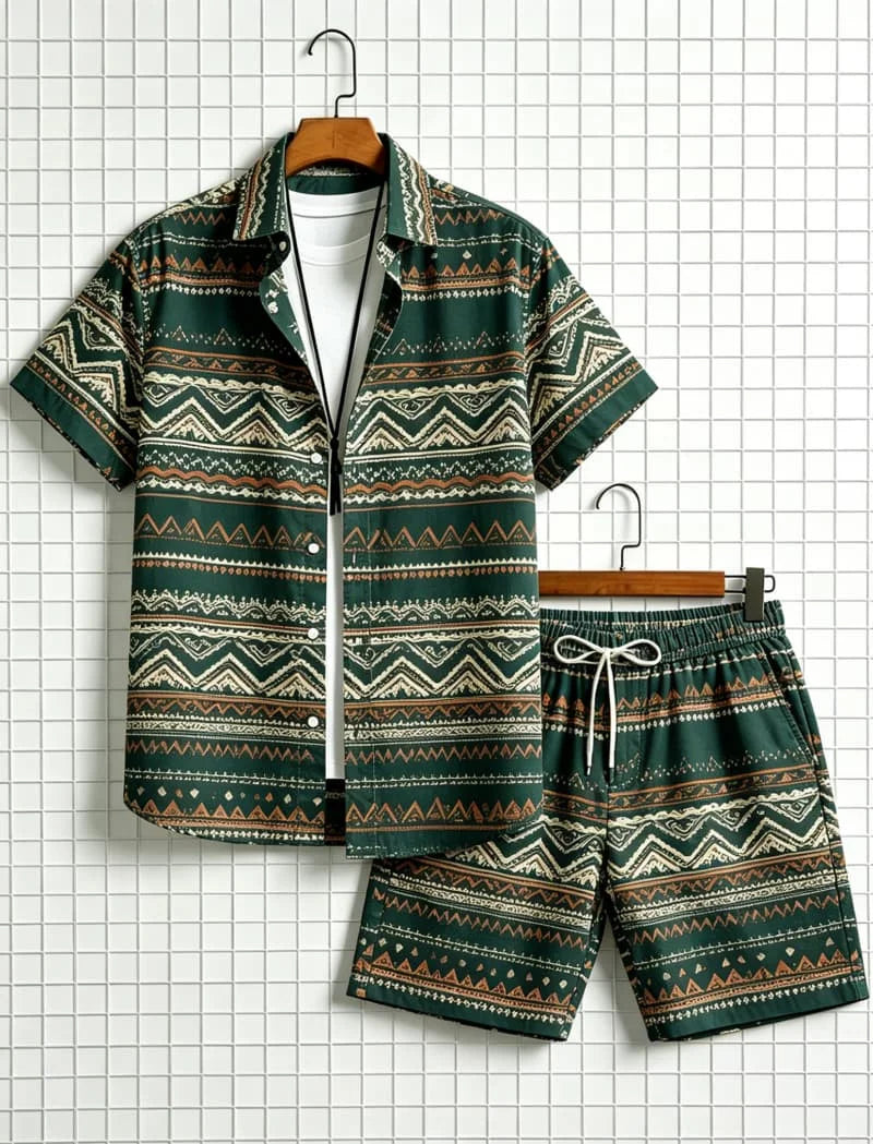 Men's Aztec Tribal Print Two-Piece Set – Shirt & Shorts for Beach & Travel