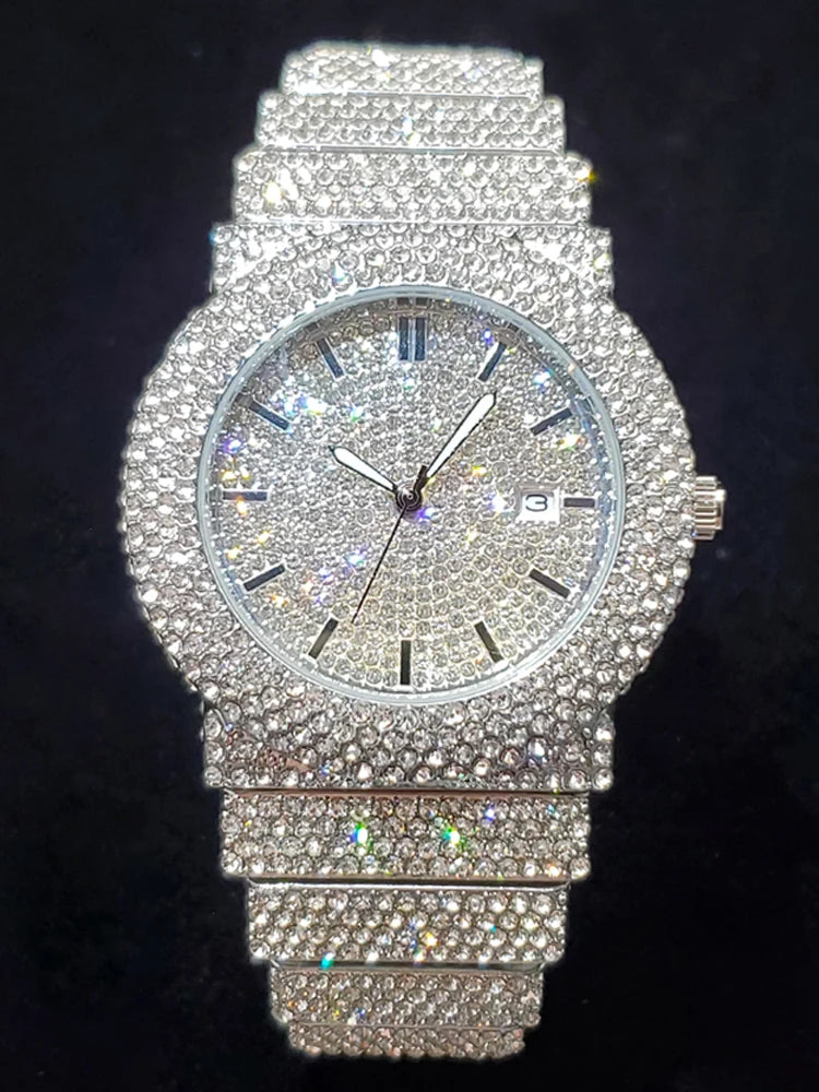 Montre Luxe Full Diamond Iced Out — Homme Quartz 18K Or PVD