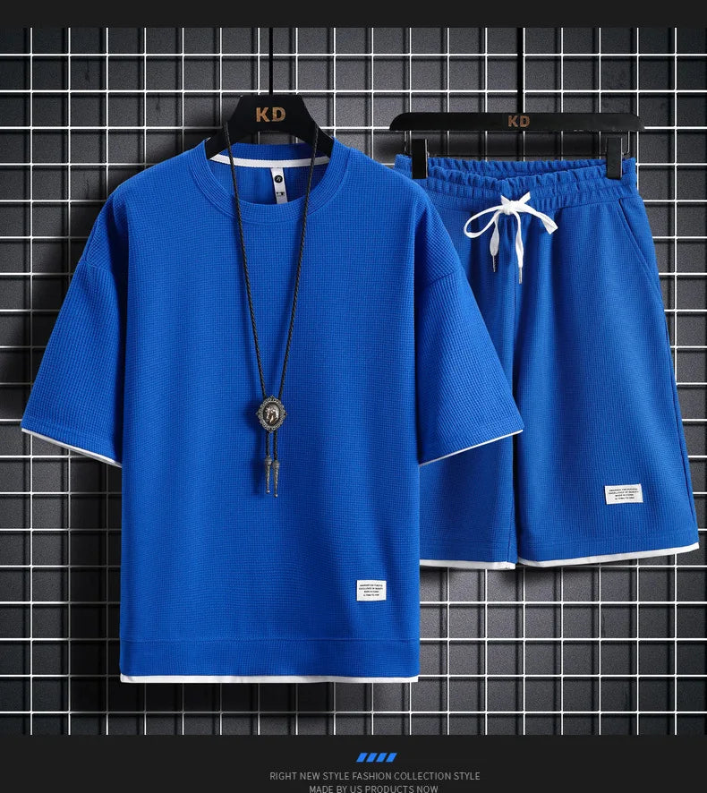 Men's Waffle T-Shirt & Shorts Set – Casual Tracksuit