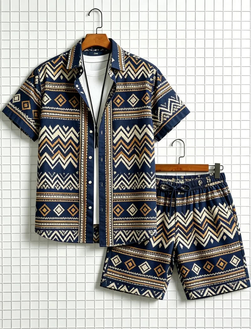 Men's Aztec Tribal Print Two-Piece Set – Shirt & Shorts for Beach & Travel