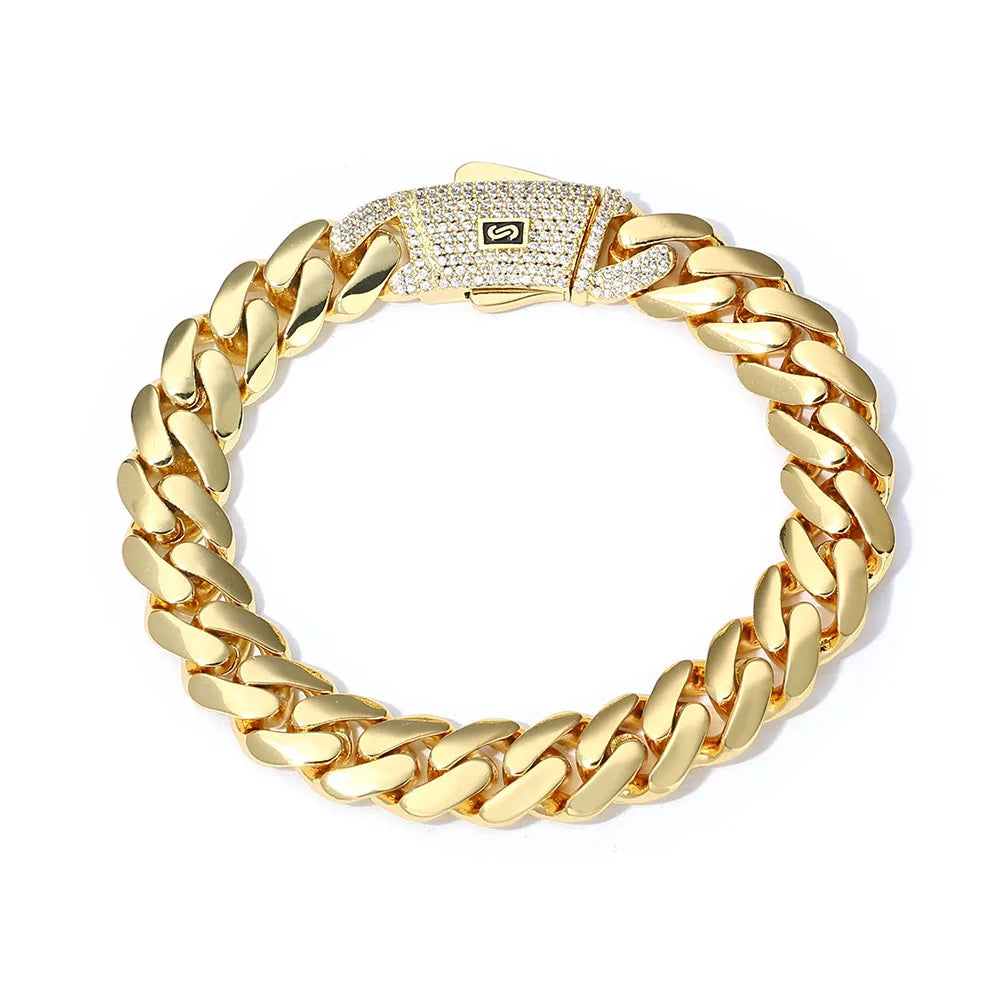 Iced Diamond Clasp Cuban Link Chain – 14K Gold Plated 12mm | Men's Hip Hop Jewelry