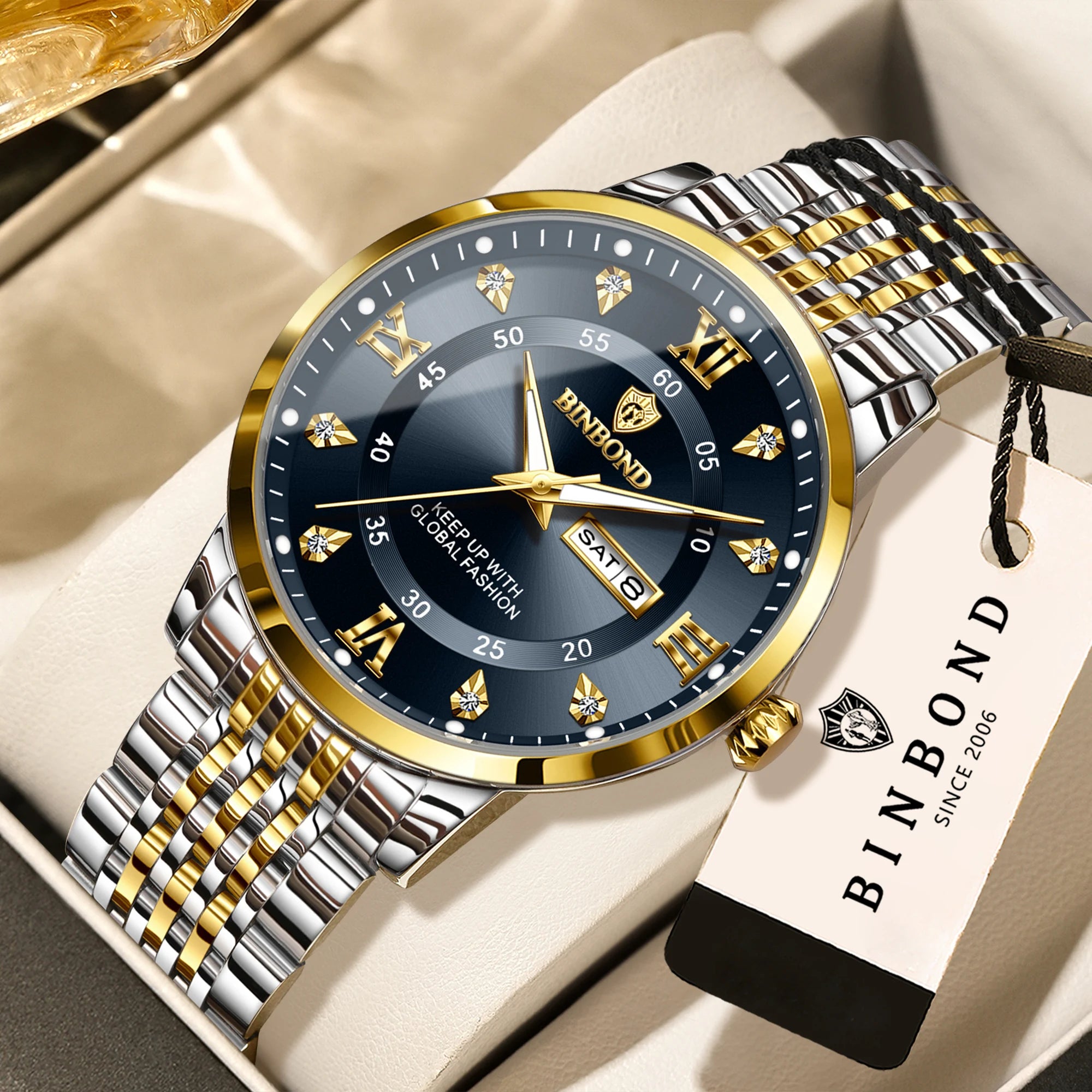 BINBOND Luxury Quartz Watch – Luminous Waterproof Week Display | Men's Sport & Business