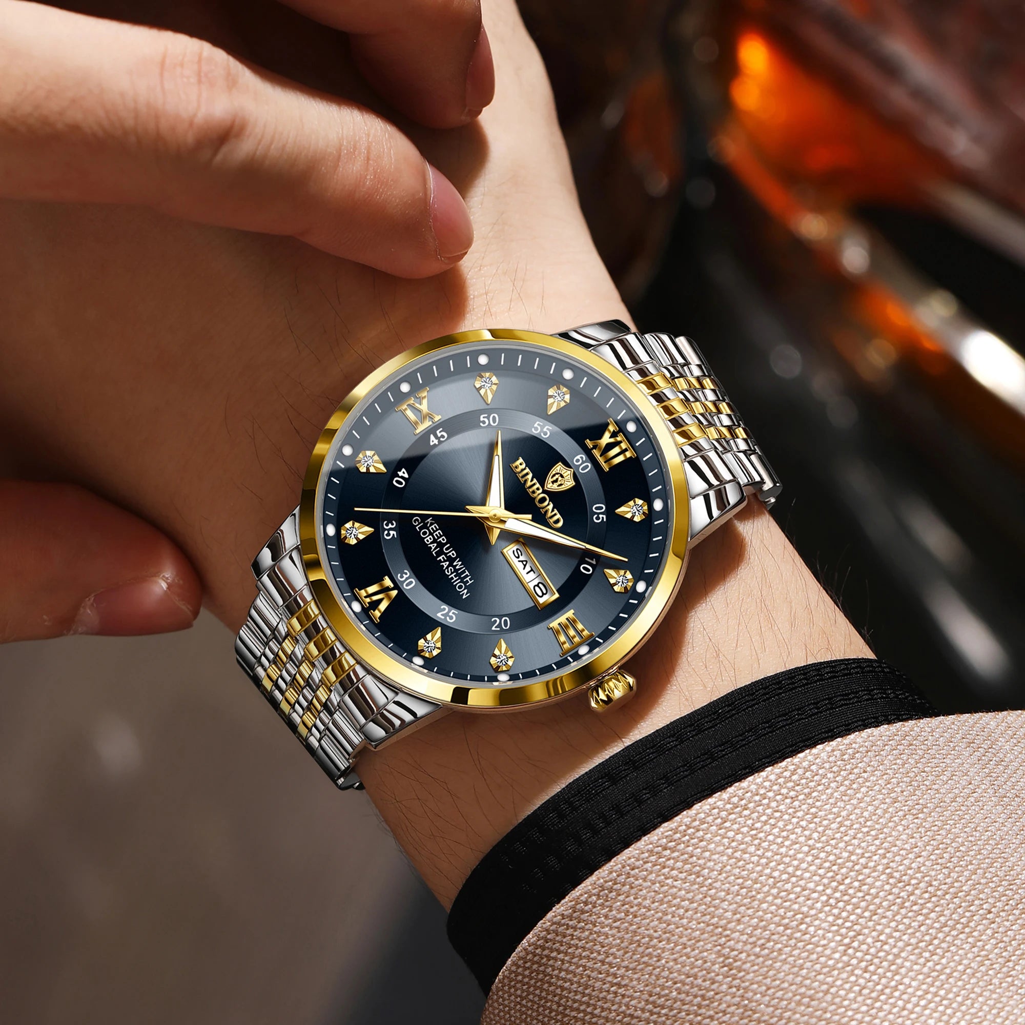 BINBOND Luxury Quartz Watch – Luminous Waterproof Week Display | Men's Sport & Business