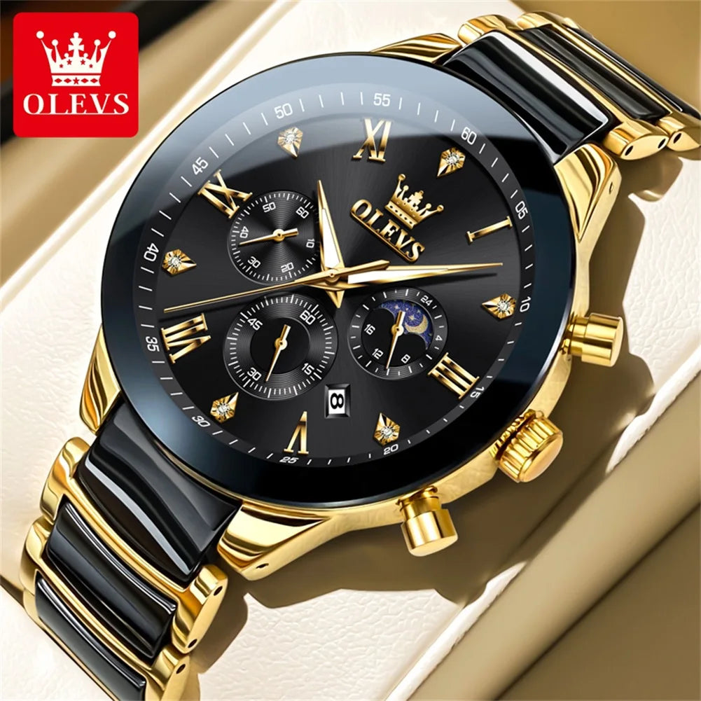 OLEVS Men's Quartz Watch – Waterproof Luminous Moon Phase Wristwatch