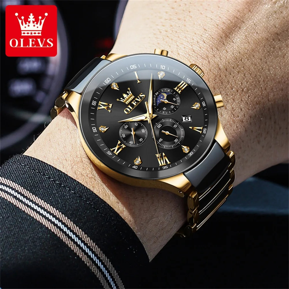 OLEVS Men's Quartz Watch – Waterproof Luminous Moon Phase Wristwatch