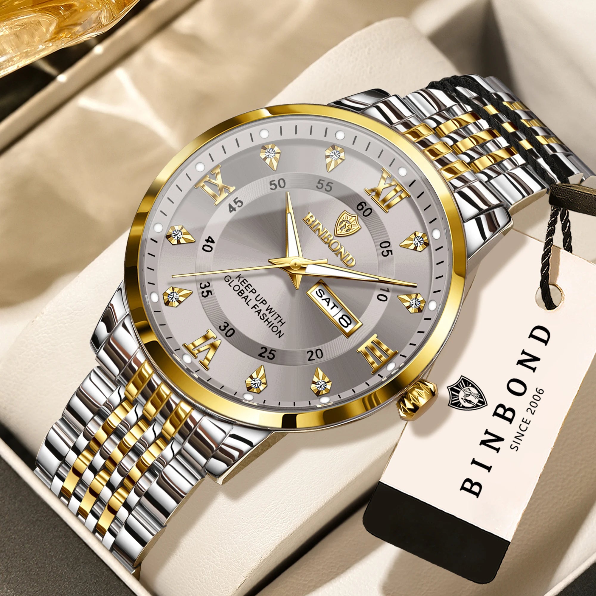 BINBOND Luxury Quartz Watch – Luminous Waterproof Week Display | Men's Sport & Business