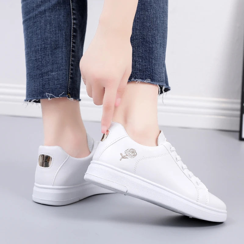 Embroidered Floral Leather Sneakers — Women