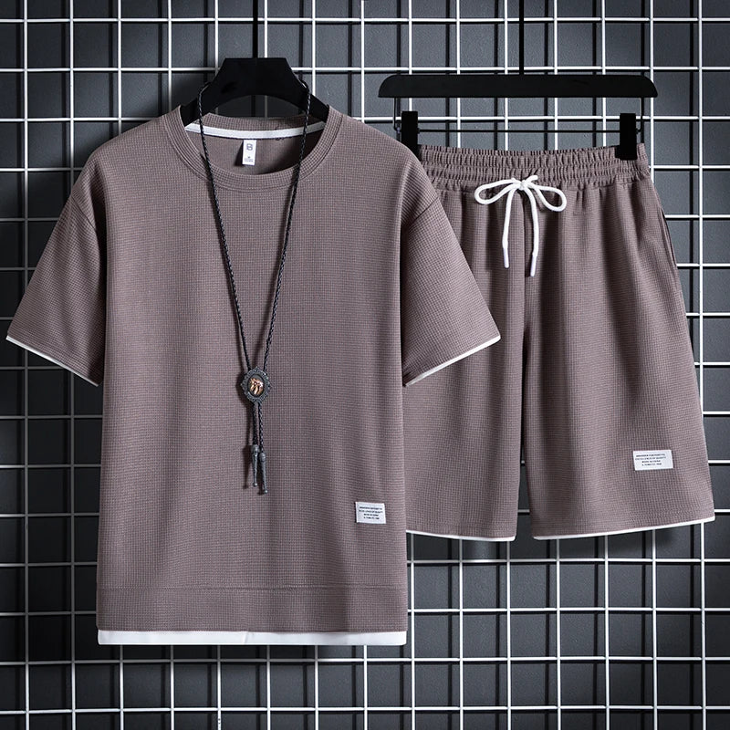 Men's Waffle T-Shirt & Shorts Set – Casual Tracksuit
