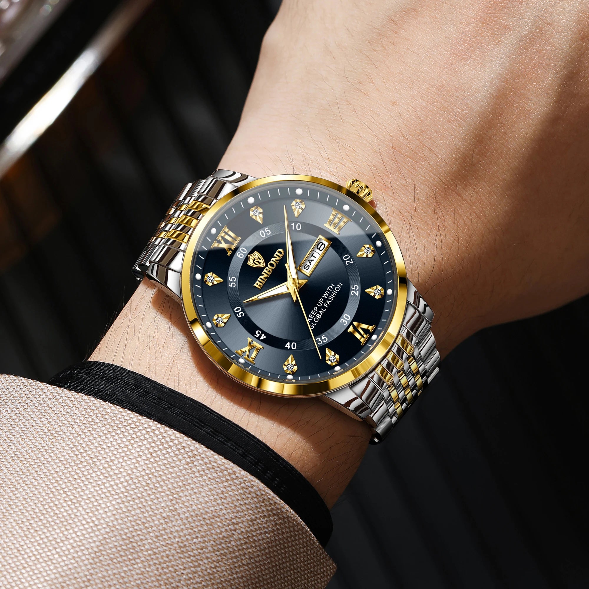 BINBOND Luxury Quartz Watch – Luminous Waterproof Week Display | Men's Sport & Business
