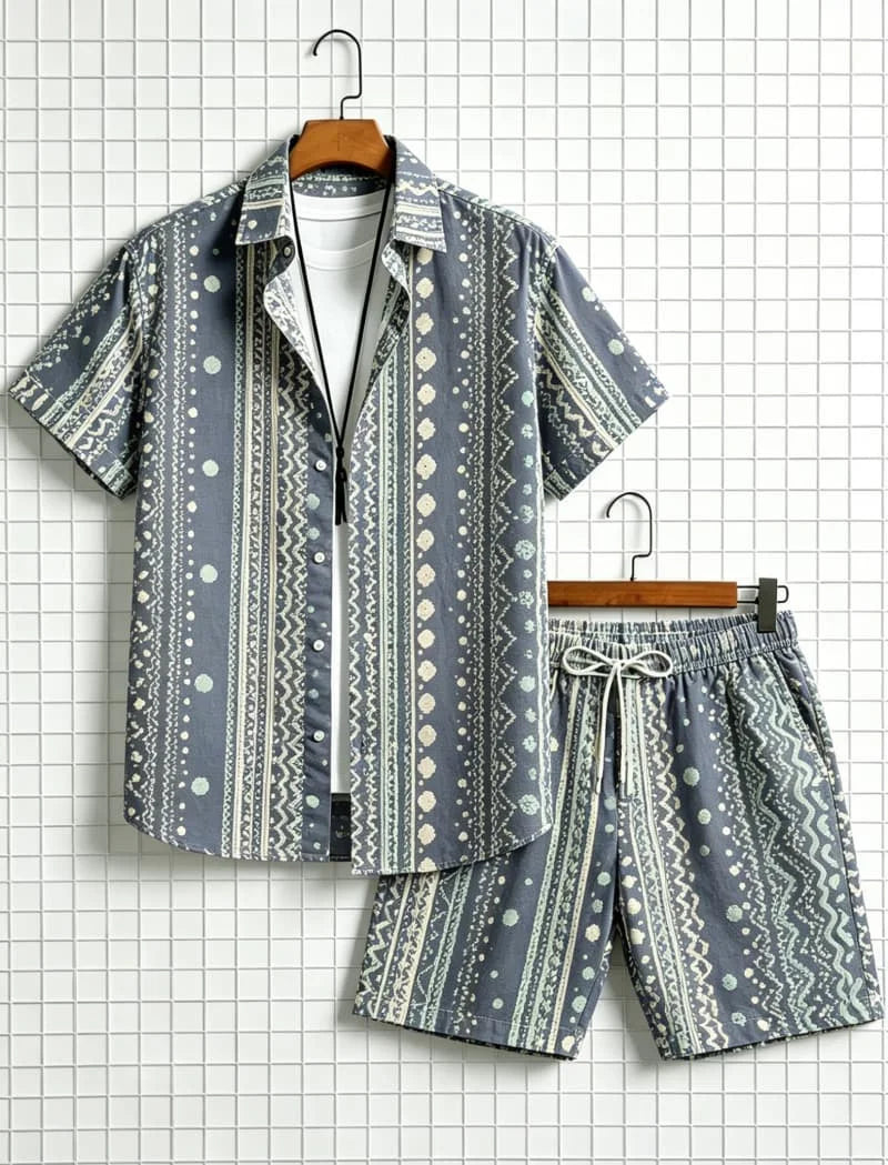 Men's Aztec Tribal Print Two-Piece Set – Shirt & Shorts for Beach & Travel