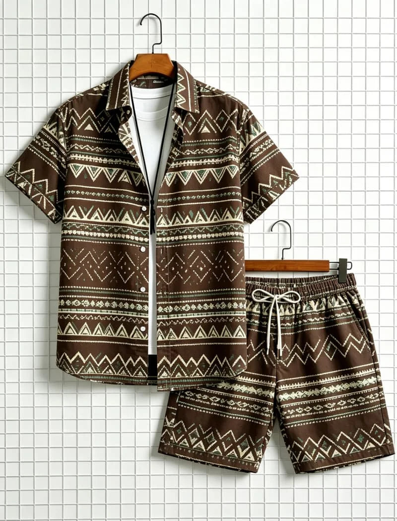 Men's Aztec Tribal Print Two-Piece Set – Shirt & Shorts for Beach & Travel