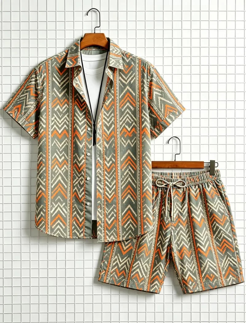 Men's Aztec Tribal Print Two-Piece Set – Shirt & Shorts for Beach & Travel