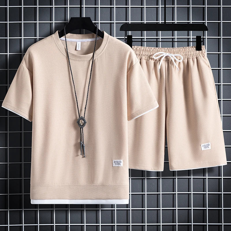 Men's Waffle T-Shirt & Shorts Set – Casual Tracksuit