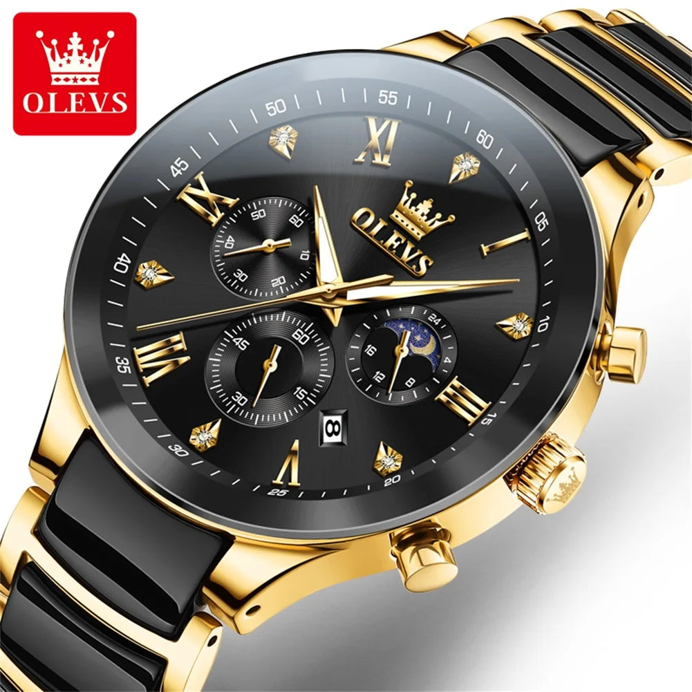 OLEVS Men's Quartz Watch – Waterproof Luminous Moon Phase Wristwatch
