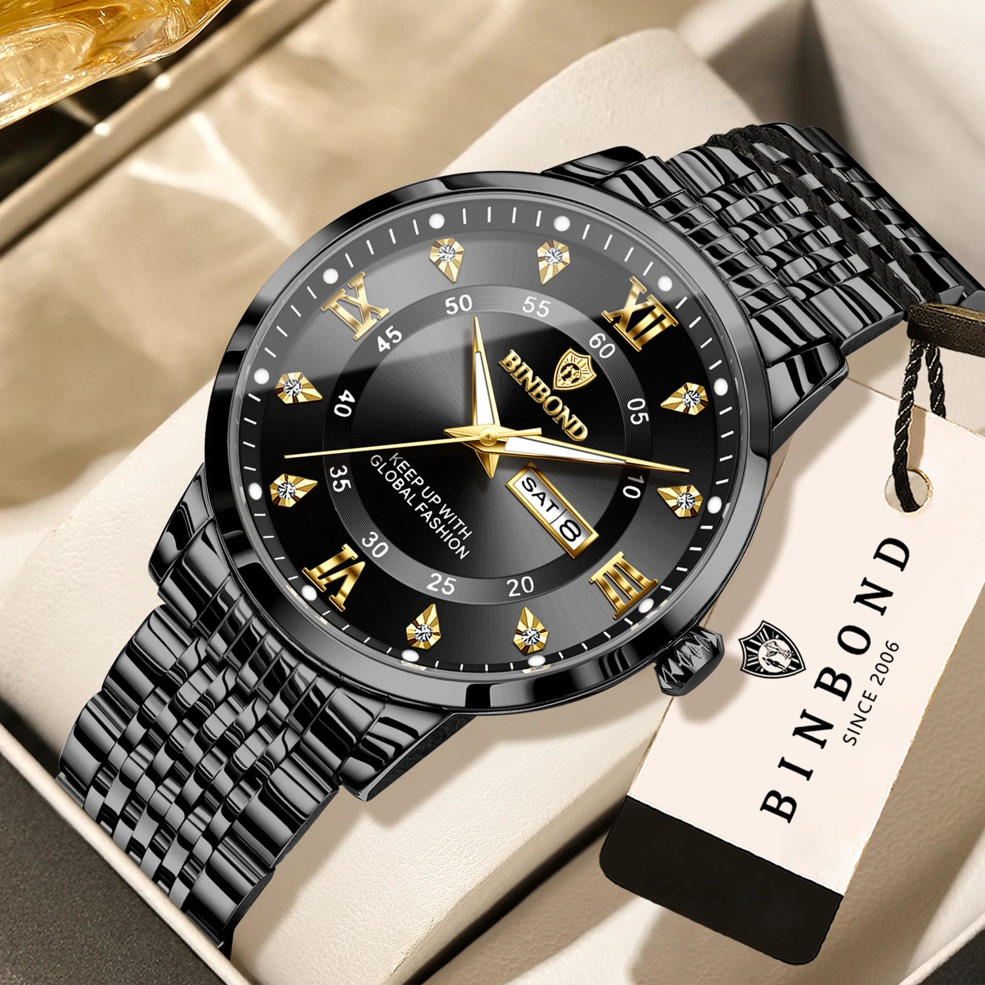 BINBOND Luxury Quartz Watch – Luminous Waterproof Week Display | Men's Sport & Business
