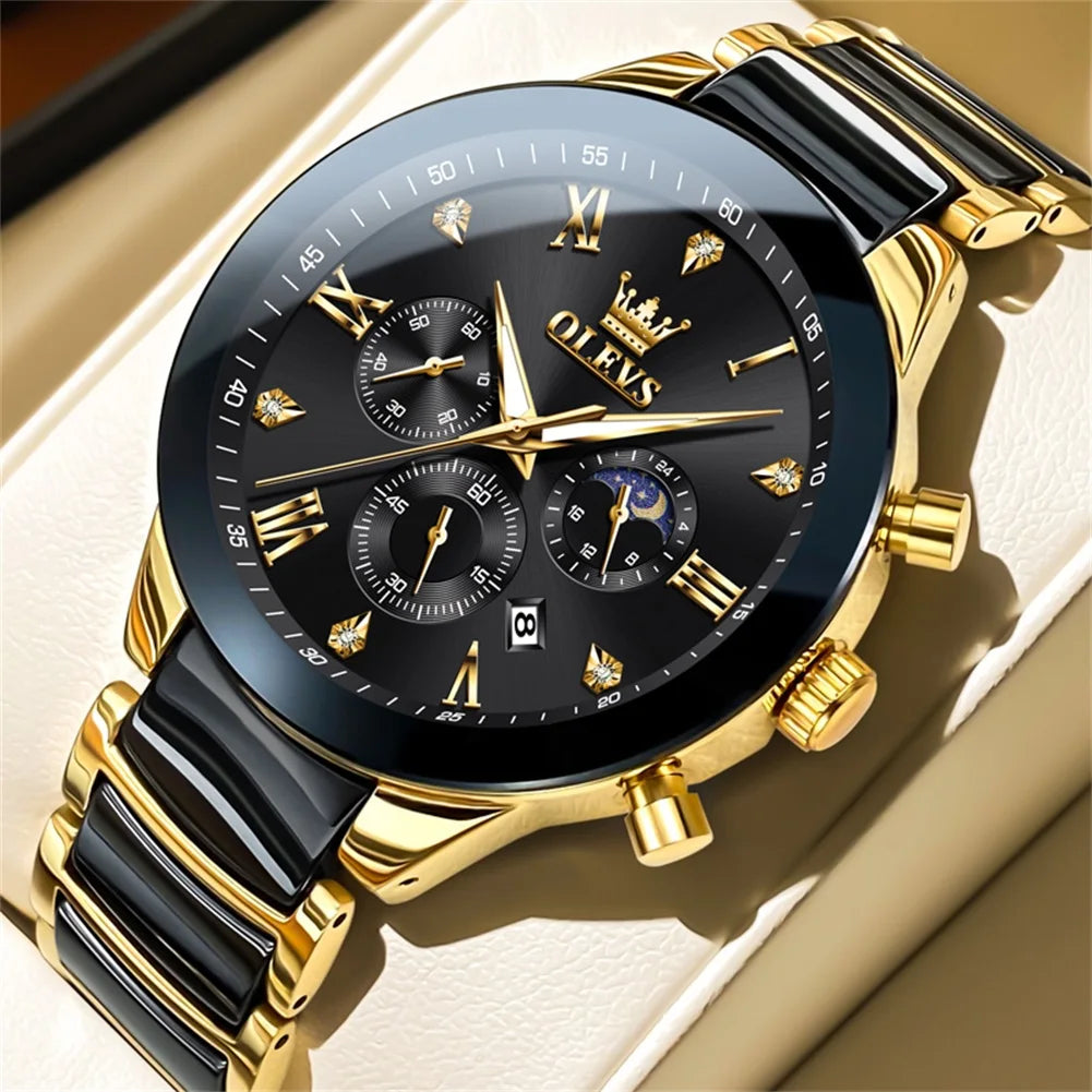 OLEVS Men's Quartz Watch – Waterproof Luminous Moon Phase Wristwatch