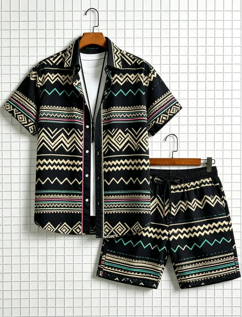 Men's Aztec Tribal Print Two-Piece Set – Shirt & Shorts for Beach & Travel