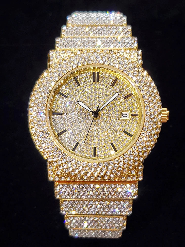 Montre Luxe Full Diamond Iced Out — Homme Quartz 18K Or PVD
