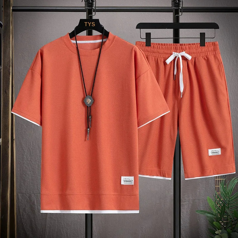 Men's Waffle T-Shirt & Shorts Set – Casual Tracksuit