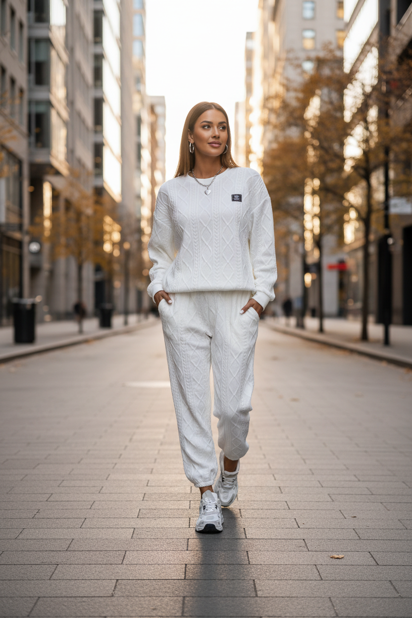 Fanm elegant ki mete Cozy Jacquard Lounge Set DJEGOVA nan lari vil la
